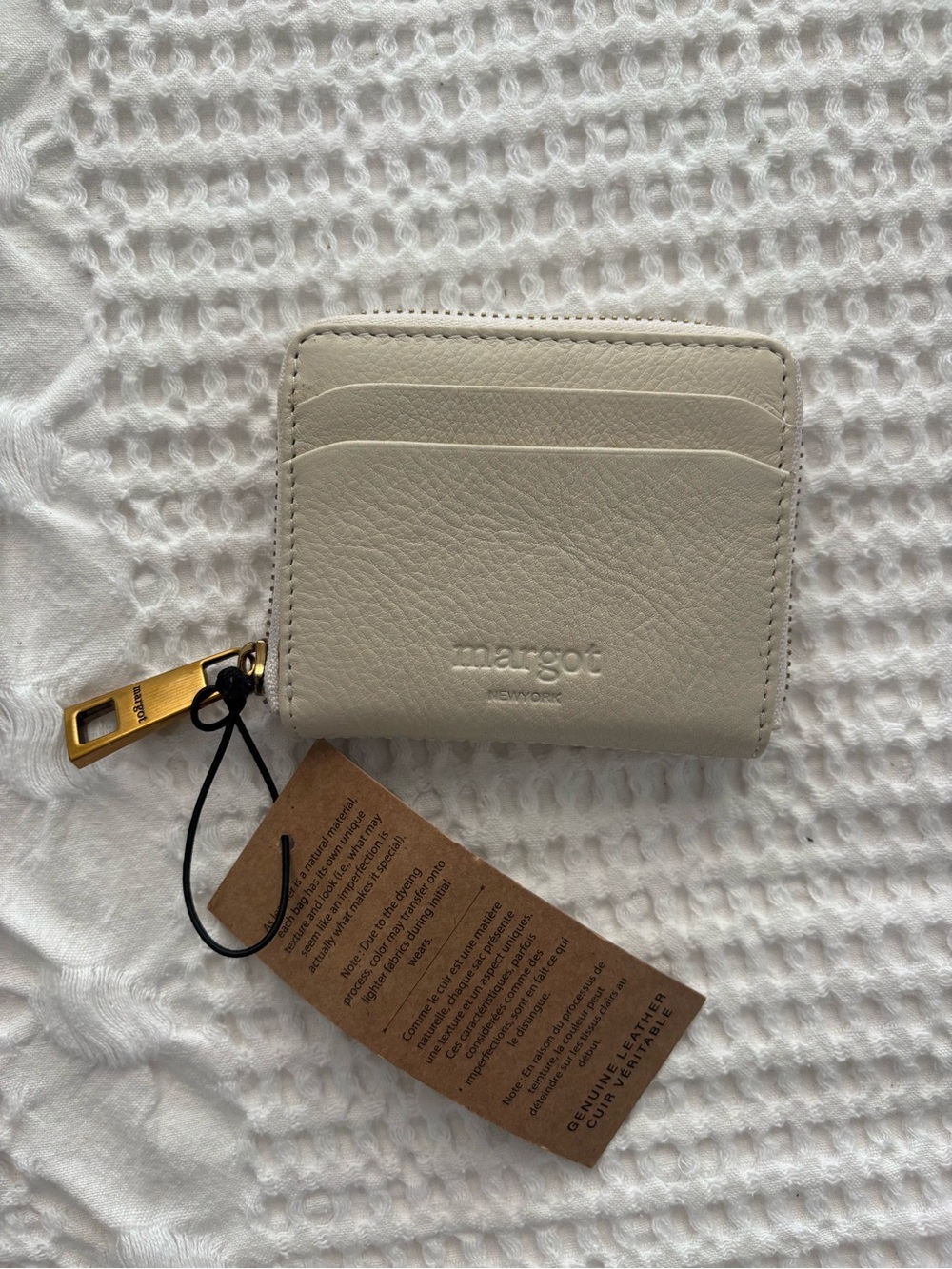 margot Small Cream Leather Zip Card Case with Gold Zipper Pull